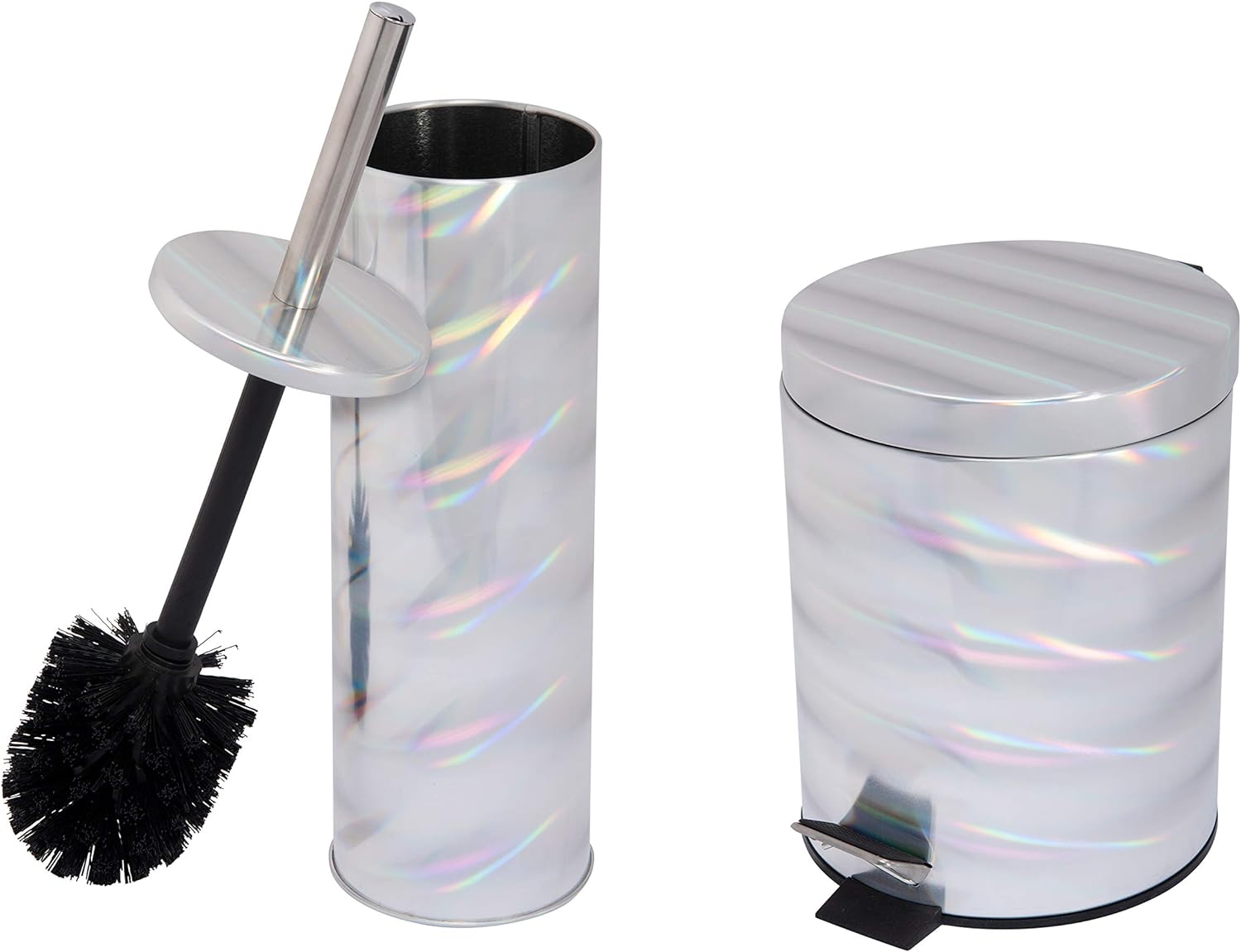 Bath Bliss 2 Piece Holographic Round Stylish Toilet Bowl Brush Set, Trendy Accessories, for Home, Trash Can, Dorm, Office, Bathroom, Step Pedal, Removable Liner, Soft Close Lid, White