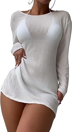 SOLY HUX Swim Cover Up for Women Summer Long Sleeve Sheer Bikini Knitted Backless Swimsuits Bathing Suit Beach Cover Up