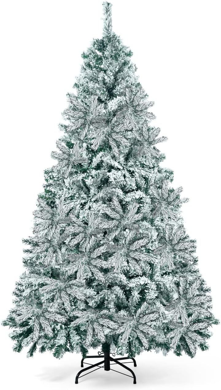 CAPHAUS 6 Feet Premium Pre-Hinged Snow Flocked North Valley Spruce Full Artificial Frosted White Fake Christmas Tree, 928 Branch Tips and Metal Stand, Indoor, Home, Office, Party, Holiday Decoration