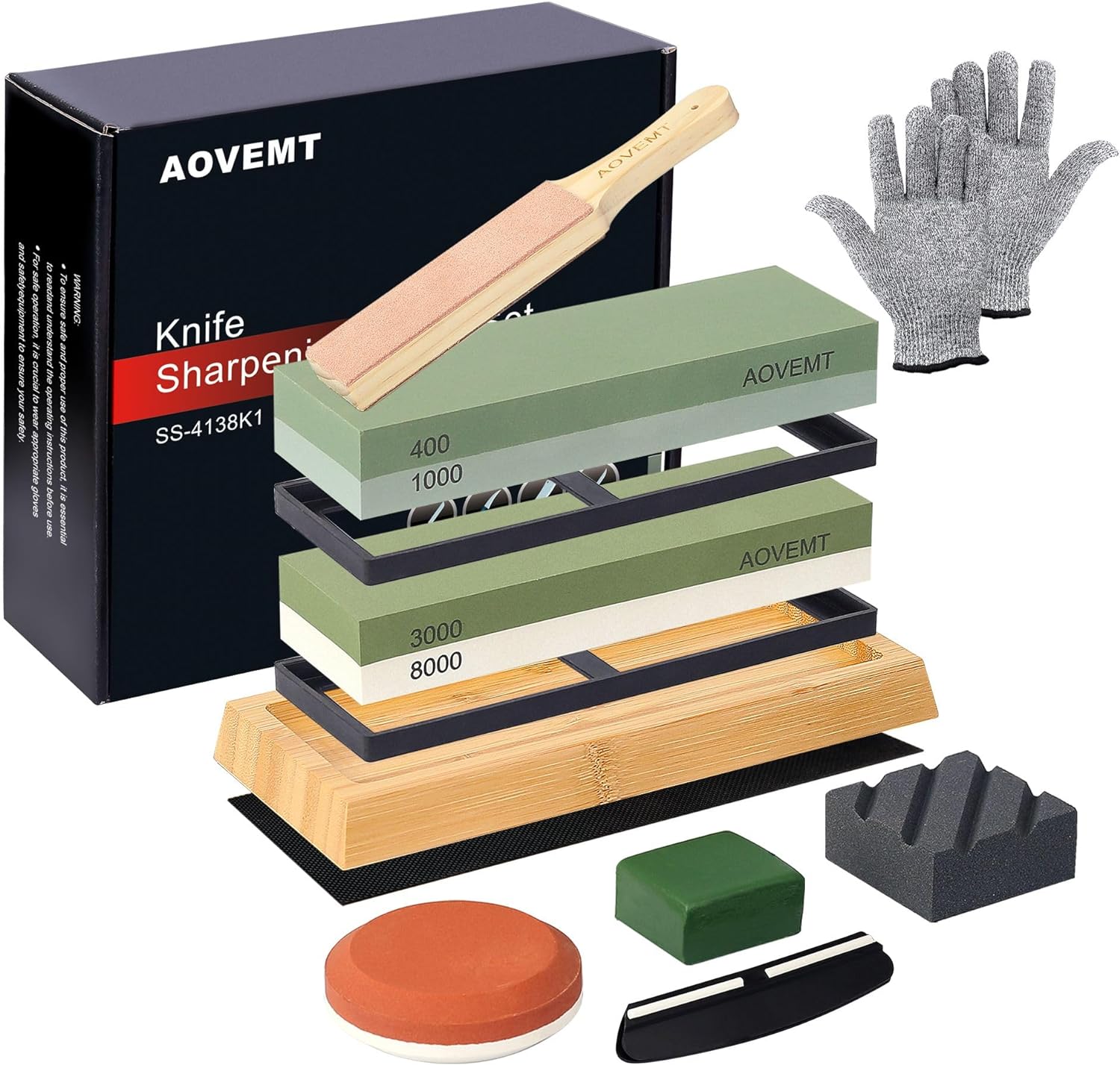 Knife Sharpening Stone Set, Whetstone Coarse to Polished Finishes 4-Sided 400/1000 3000/8000 Grit wet stone, Axe Sharpening Stone, Leather Strop, Stropping Compound, Flattening Stone, ect.