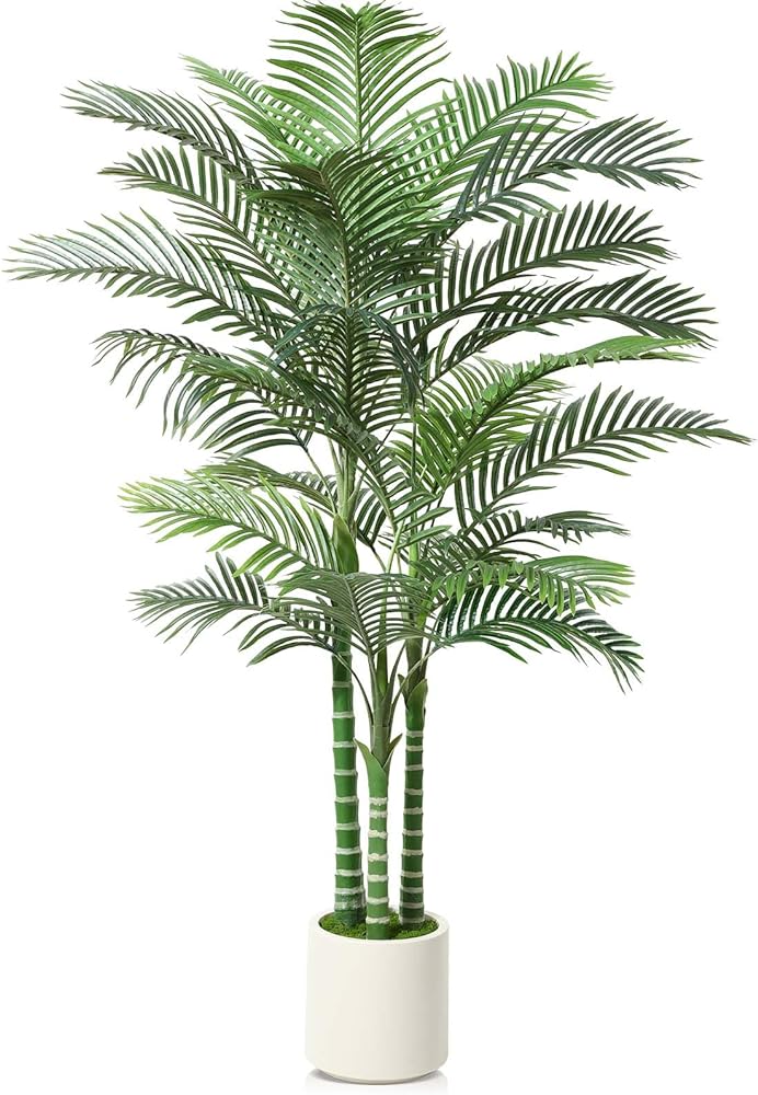 Artificial Palm Tree, 5FT Fake Tree for Indoor,Faux Golden Cane Palm Tree with White Planter and Fake Moss, Fake Tropical Plant for Home Decor Office Porch