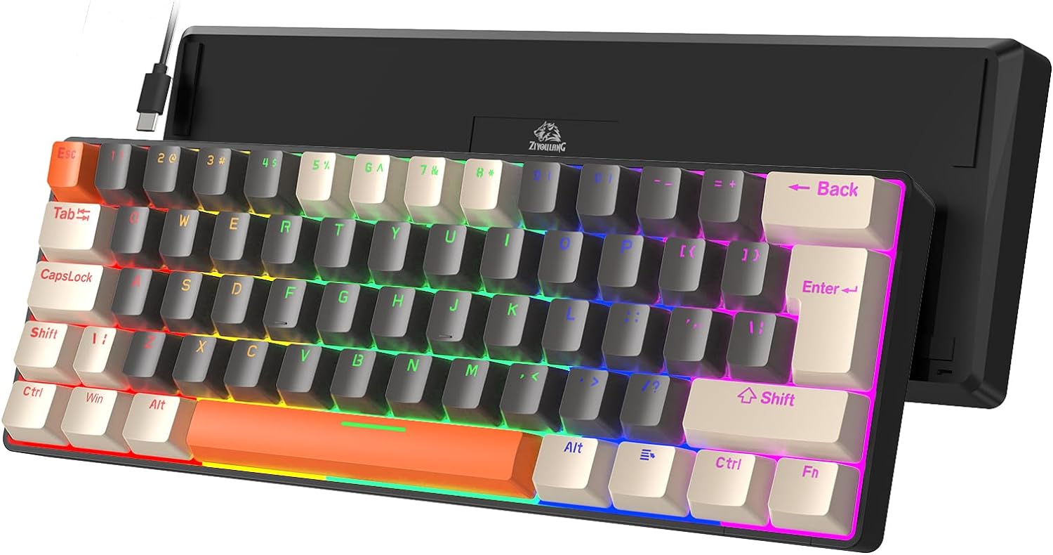 ZIYOU LANG T60 Wired 60% TKL Mechanical Gaming Keyboard with Led Rainbow Backlight Ultra-Compact NKRO Tactile Clicky Blue Switch Tri-Color ABS Keycap for Windows Laptop PC Mac Gamer(White/Dark Gray)