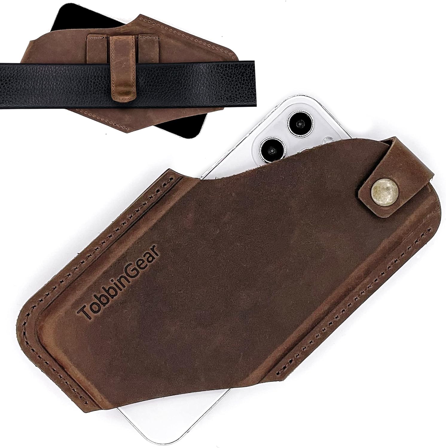 TobbinGear Leather Cell Phone Holster with Belt Clip, Leather Belt Phone Pouch, Universal Leather Phone Case on Belt, Phone Holder for iPhone, Cell Phone Sheath Large Dark Brown