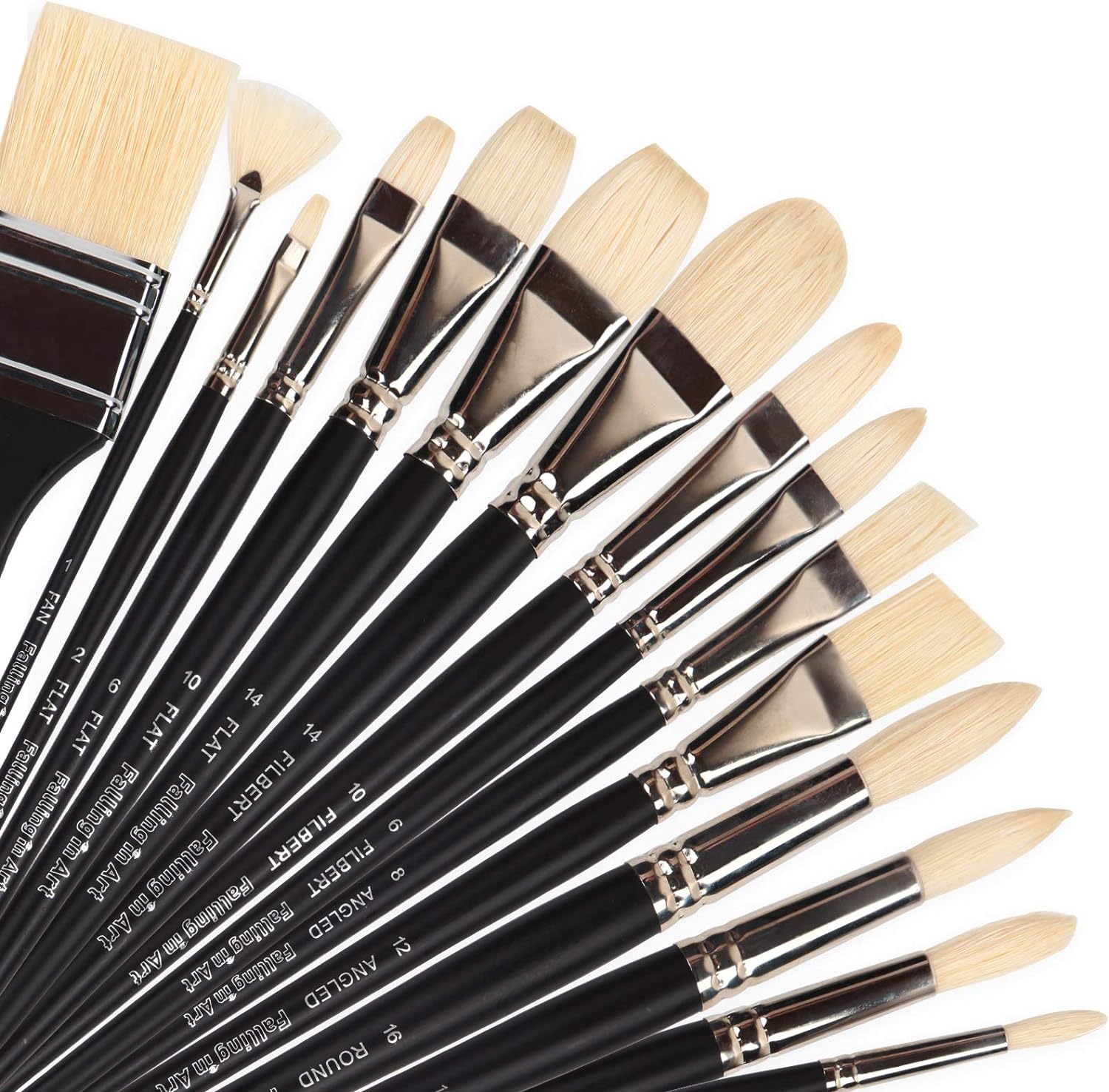 Falling in Art Natural Bristle Professional Paintbrush Set, 15PCS Long Handled Paint Brushes for Acrylic Painting, Oil Paint Brushes of Fan, Round, Flat, Angled, and, Filbert with Bamboo Storage Pouch