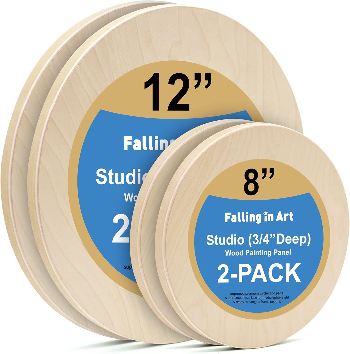 Falling in Art Unfinished Round Birch Wood Canvas Panels Kit, Falling in Art 4 Pack of 2 Sizes 8' and 12' Studio 3/4 Deep Cradle Boards for Pouring Art, Crafts, Painting, and More