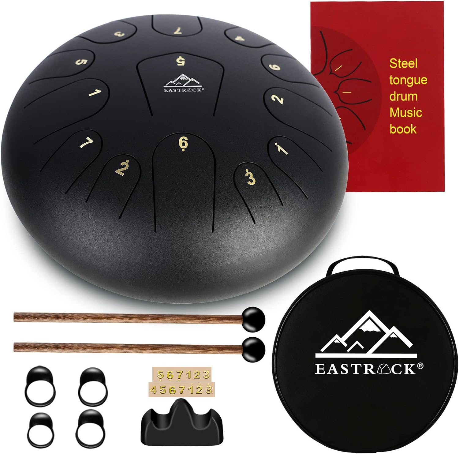 EASTROCK Steel Tongue Drum 13 Notes 12 Inches Percussion Instrument Handpan Drum C Key for Meditation Entertainment Concert Yoga with Travel Bag, Mallets, Music Book (Black)