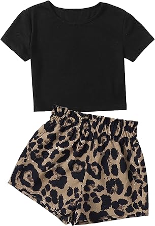 SOLY HUX Girl's Summer 2 Piece Outfits Short Sleeve Crop Top and Cute Print Shorts Sets Cute Clothing Set