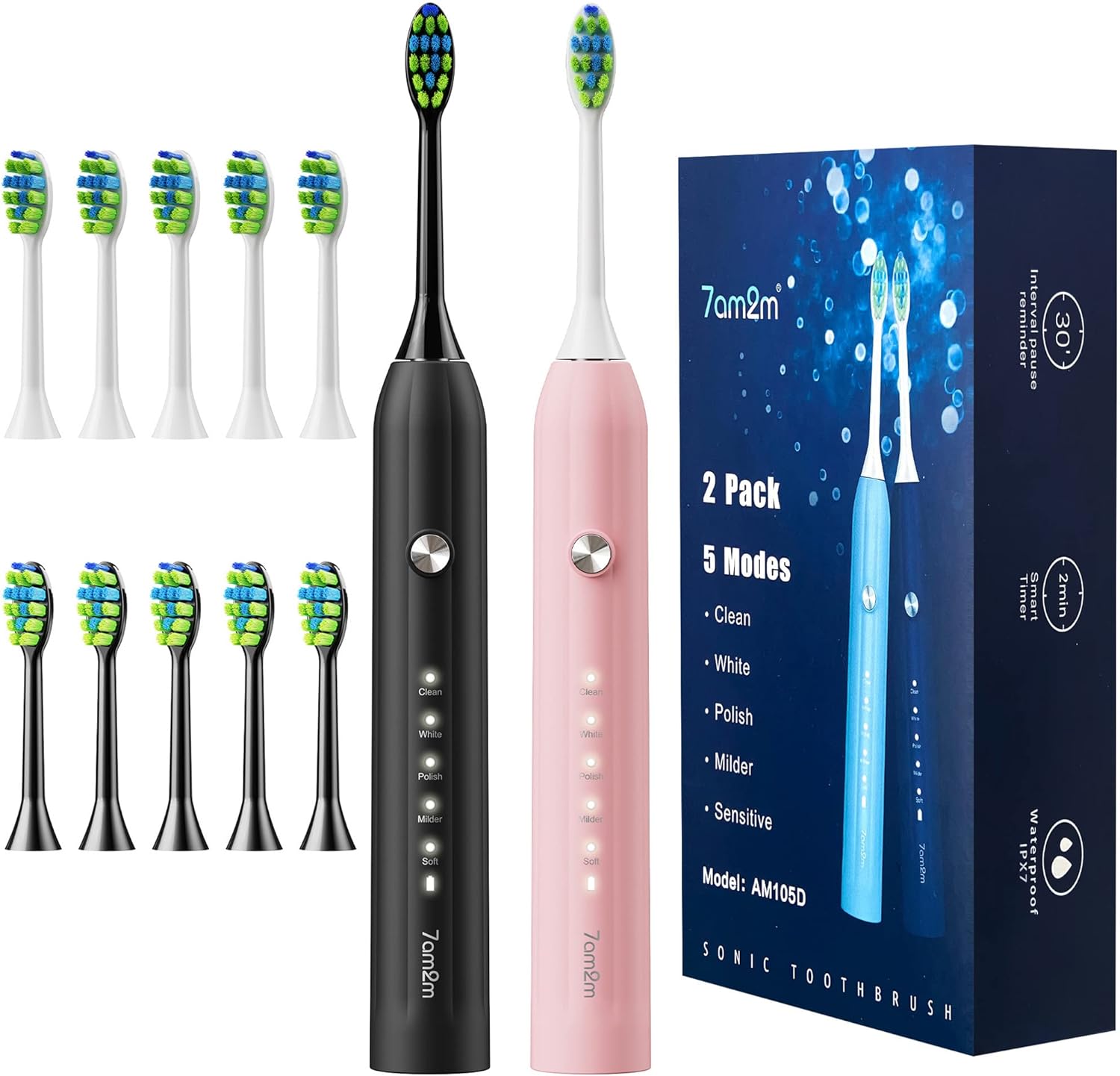 7AM2M Rechargeable Sonic Electric Toothbrush 2 Pack, Soft Toothbrushes for Adults and Kids with 12 Brush Heads, IPX7 One Charge Use for 60 Days, 5 Modes with 2 Minutes Build in Smart Timer