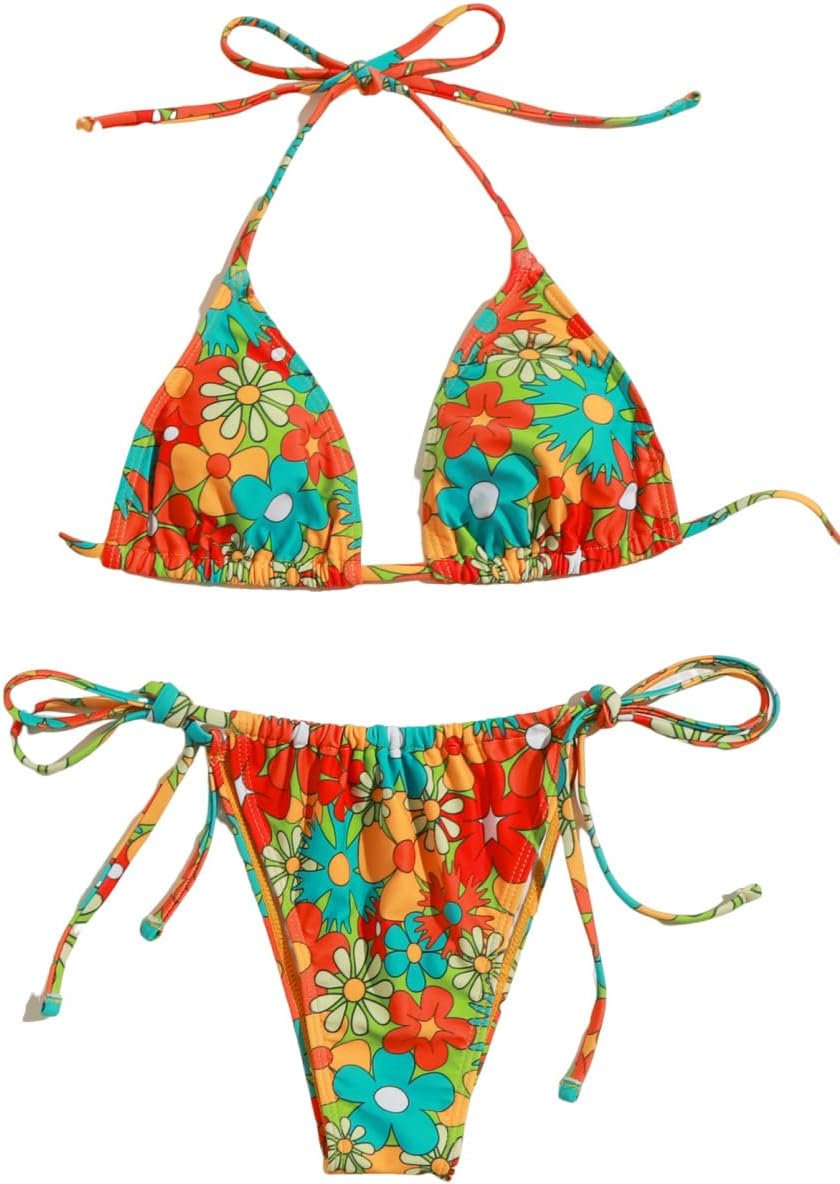 SOLY HUX Women' Floral Print 2 Piece Swimsuits Bikini Set Halter Triangle Swimwear Sexy Bathing Suit