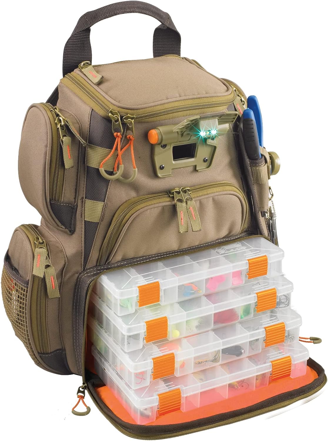 by CLC WT3503 Tackle Tek Recon Lighted Compact Tackle Backpack & Four PT3500 Trays, Clear, Water-Resistant Phone Storage,Beige , 12.75 x 6.75 x 15 