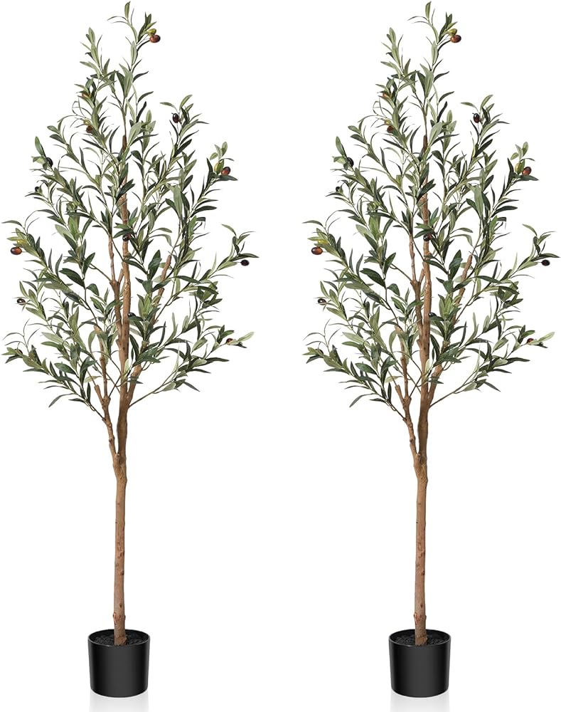 Artificial Olive Tree, 5FT Tall Fake Silk Plants with Natural Wood Trunk Faux Potted Tree for Home Decor Indoor Office Porch, Set of 2