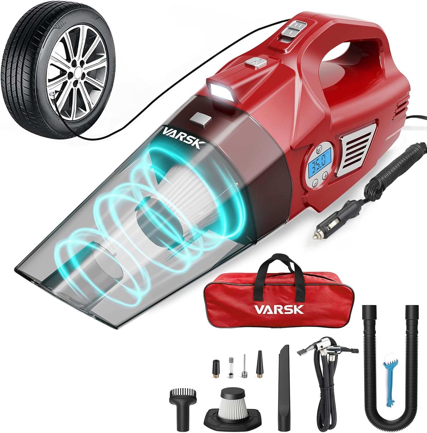 VARSK 4-in-1 Car Vacuum Cleaner Portable Tire Inflator - High Power Handheld Car Vacuum & Air Compressor with LED Light and Digital Tire Pressure Gauge LCD Display, 12V DC, 15FT Cord