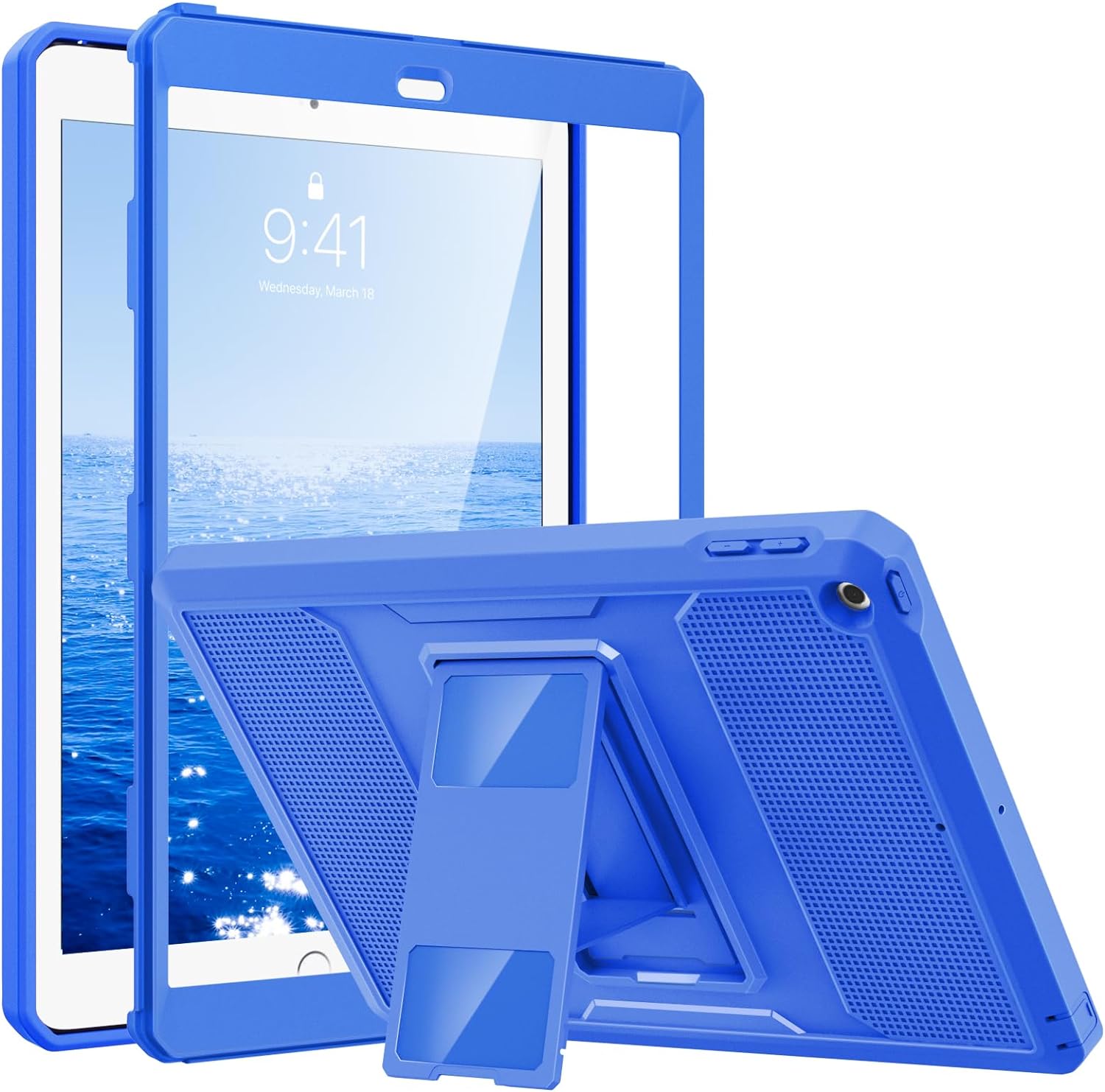 MoKo Case Fit 2018/2017 iPad 9.7 6th/5th Generation - [Heavy Duty] Shockproof Full Body Rugged Hybrid Cover with Built-in Screen Protector Compatible with Apple iPad 9.7 Inch 2018/2017, Blue Wave