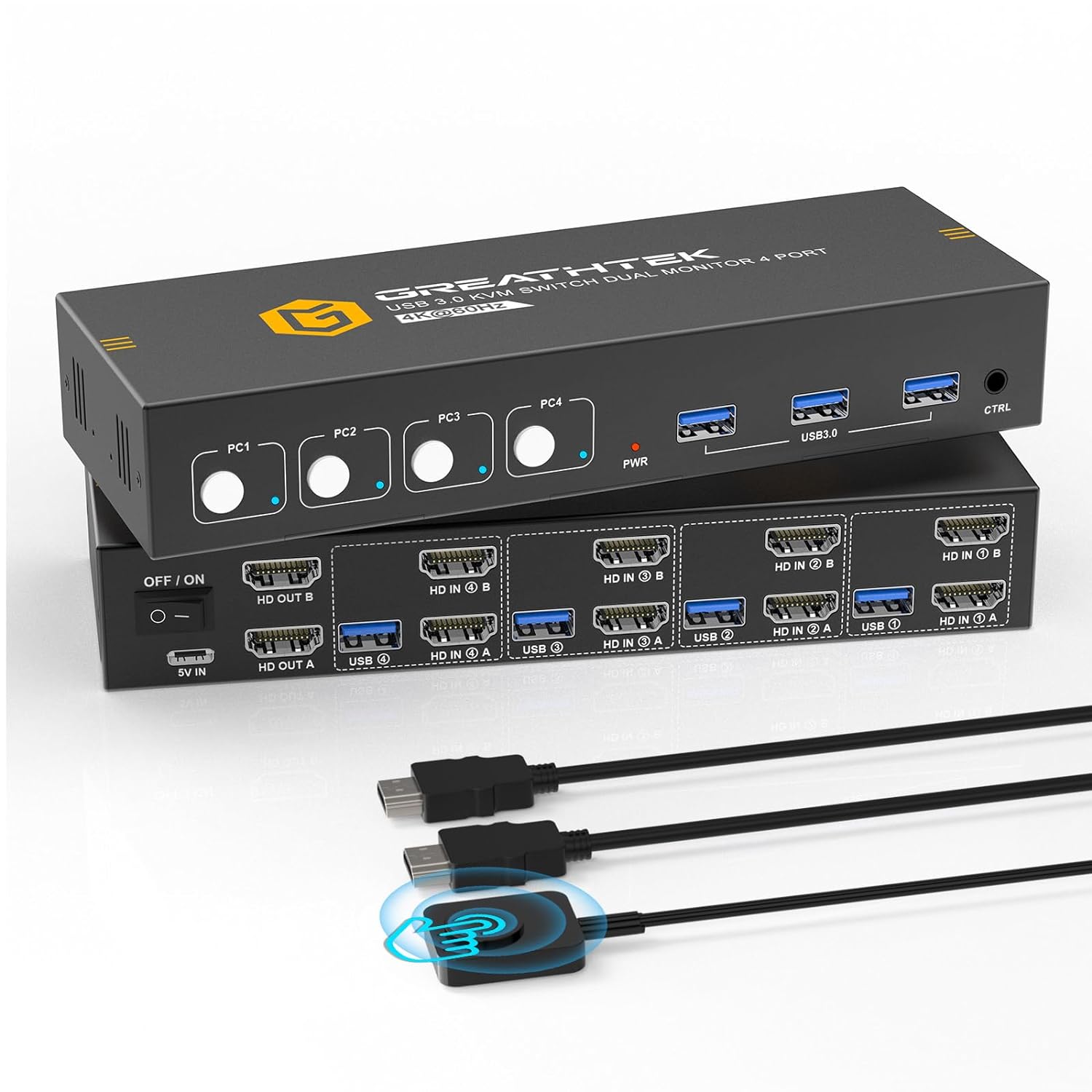 HDMI KVM Switch 2 Monitors 4 Computers with 3 USB3.0 Ports, 4K@60Hz Dual Monitor KVM Switch 4 Port for 4 PCs Share 2 Monitors, Support Button Switch & Wired Remote Control, Adaptive EDID, 4 in 2 OUT