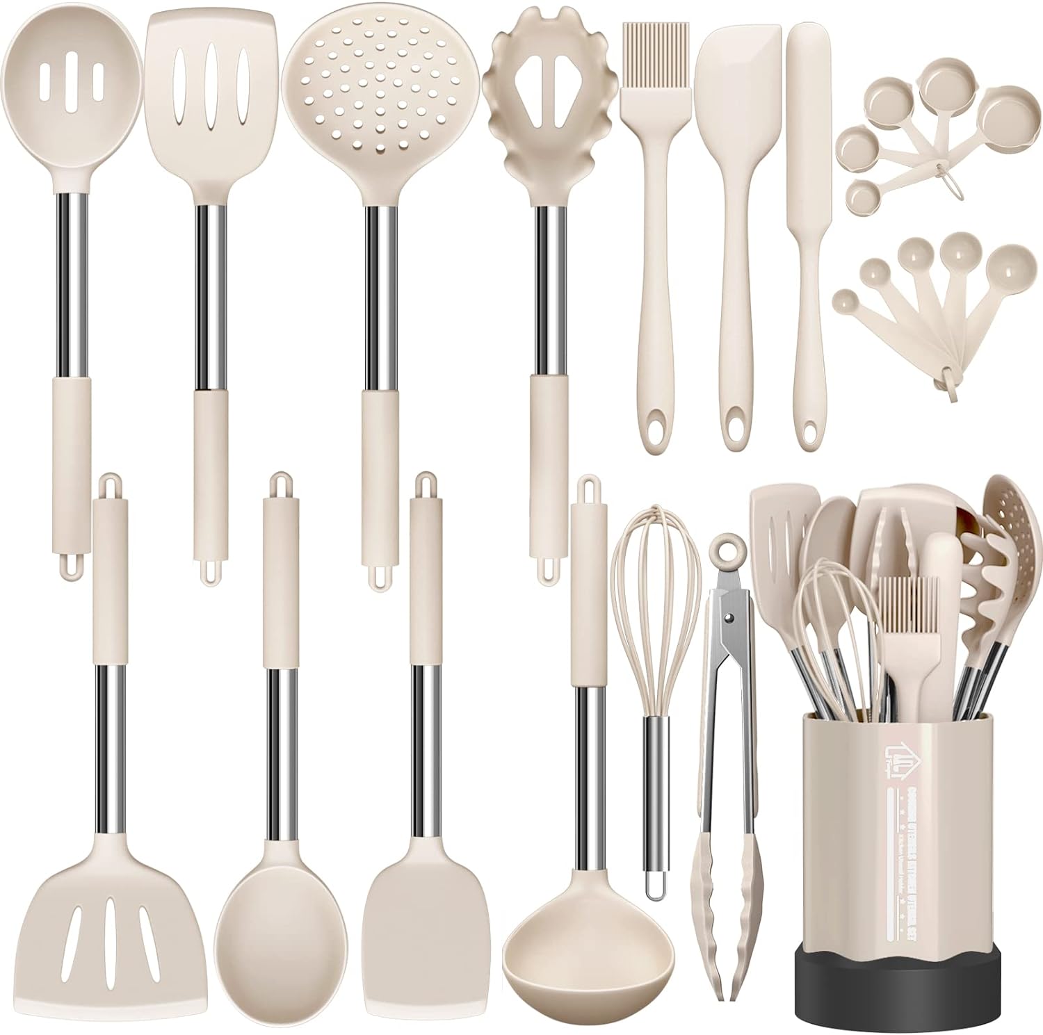 Silicone Cooking Utensil Set, Fungun Non-stick Kitchen Utensil 24 Pcs Cooking Utensils Set, Heat Resistant Cookware, Silicone Kitchen Tools Gift with Stainless Steel Handle (Khaki-24pcs) ��