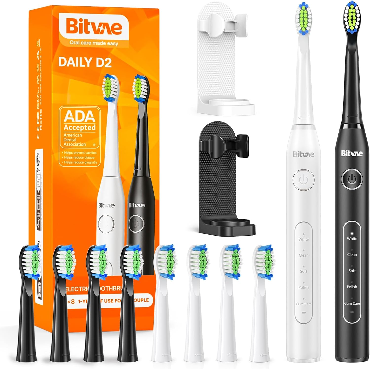 Bitvae Electric Toothbrushes 2 Pack Sonic Toothbrush with Holders, Dual Ultrasonic Electronic Toothbrush 8 Brush Heads 5 Modes, Rechargeable Power Toothbrush for 30 Days Using, Black & White