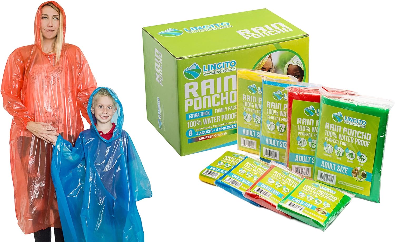 Lingito Rain Ponchos Family Pack - Emergency Drawstring Hood Poncho for Children & Adults Lightweight Reusable or Disposable