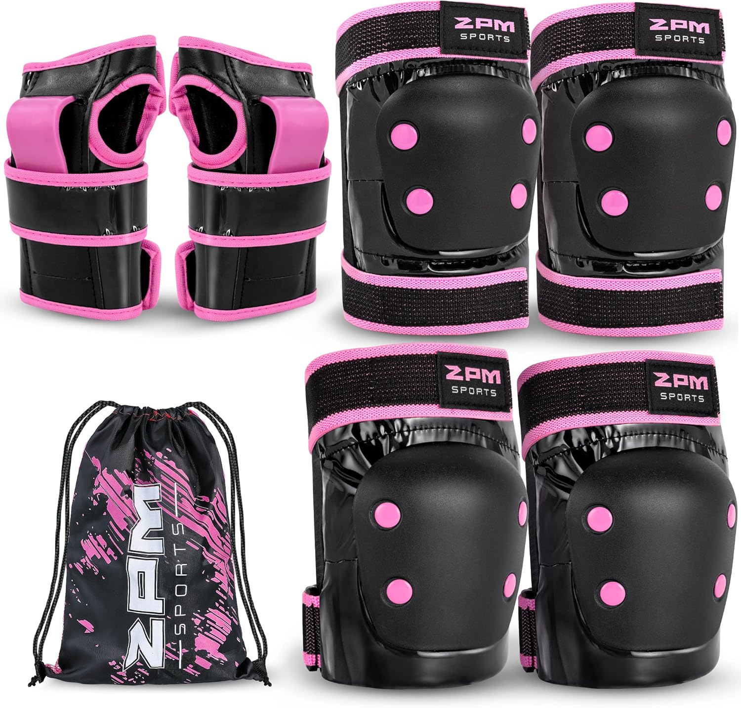 2PM SPORTS Knee Pads for Women, Wrist Guards Knee and Elbow Pads Set with Drawstring Bag, Protective Gear Set for Girls Kids Roller Skating Skateboard