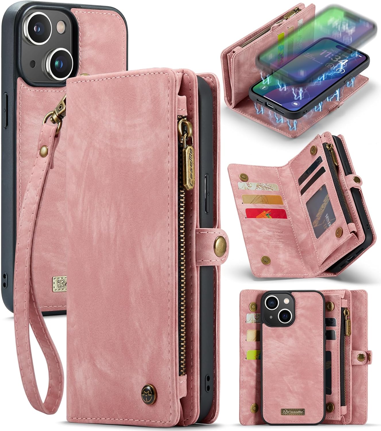 Kowauri Wallet Case for iPhone 15 Plus, Zipper Purse Folio Leather Wallet with Card Holder Wrist Strap Detachable Magnetic Shockproof Protective Back Case for iPhone 15 Plus (6.7 inch), Pink