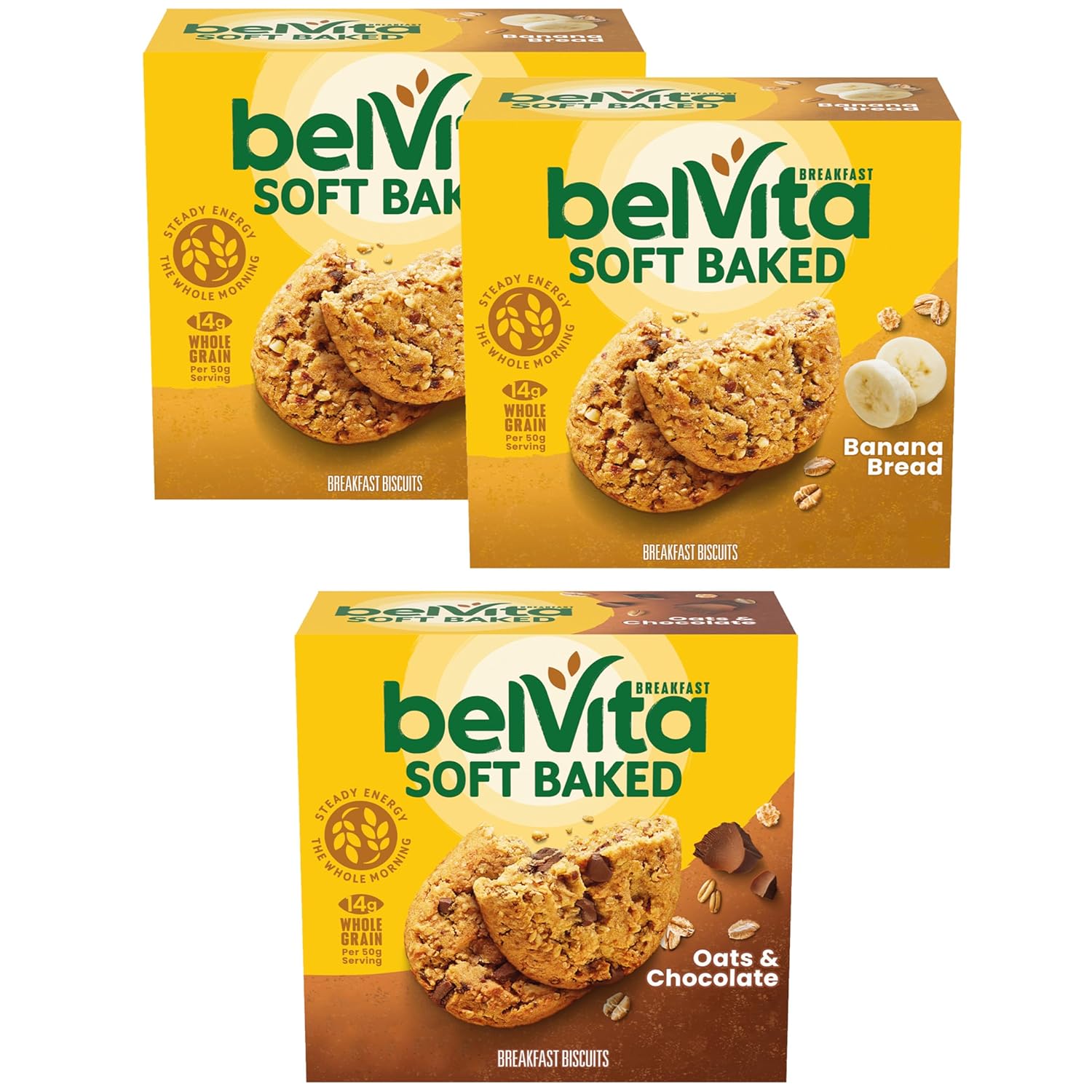 BelVita Soft Baked Breakfast Biscuits Variety Pack with Banana Bread and Oats and Chocolate, 15 Total Packs, 3 Boxes (1 Biscuit Per Pack)