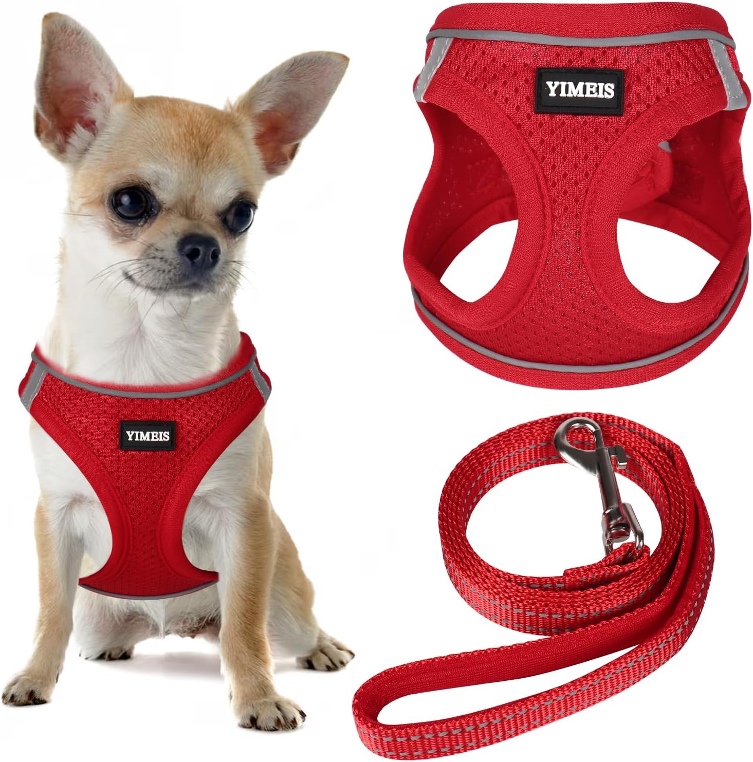 YIMEIS Dog Harness and Leash Set, No Pull Soft Mesh Pet Harness, Reflective Adjustable Puppy Vest for Small Medium Large Dogs, Cats (Red 02, Small (Pack of 1)