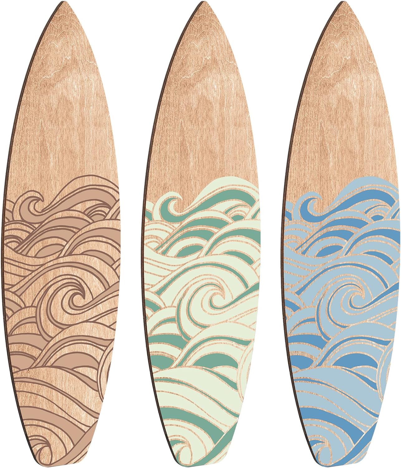 RattanView 3 Pieces Surfboard Wooden Beach Decor for Bedroom Surfboard Wall Decor Summer Surfboard Decor Wood Surfboard Wall Hanging Sign for Tropical Bedroom Living Room Decoration (Wave)