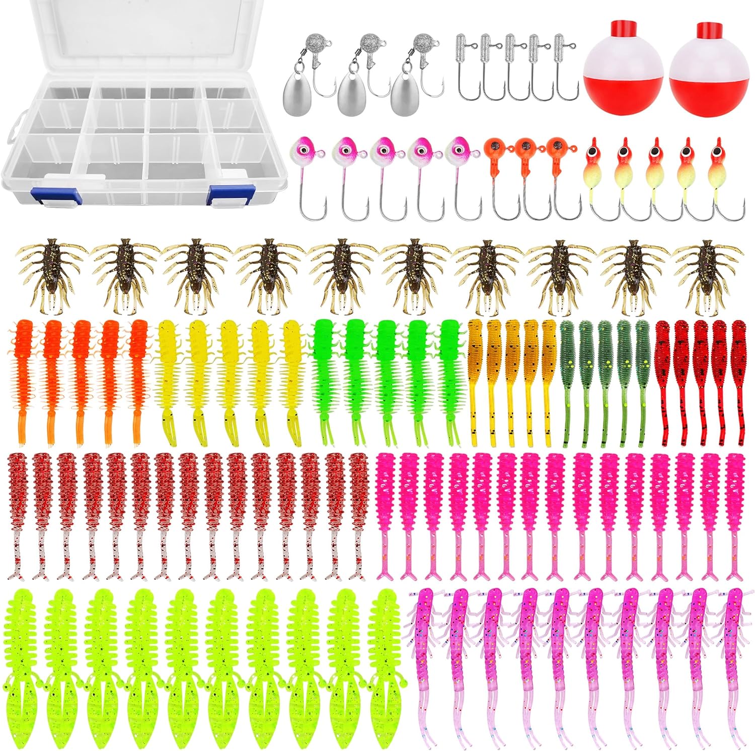 Fishing Lures Tackle Box Trout & Crappie Ice Fishing Gear Kit, Including Jig Heads,Soft Plastic baits for Panfish,Bluegill, Bass etc Freshwater Fishing Equipment