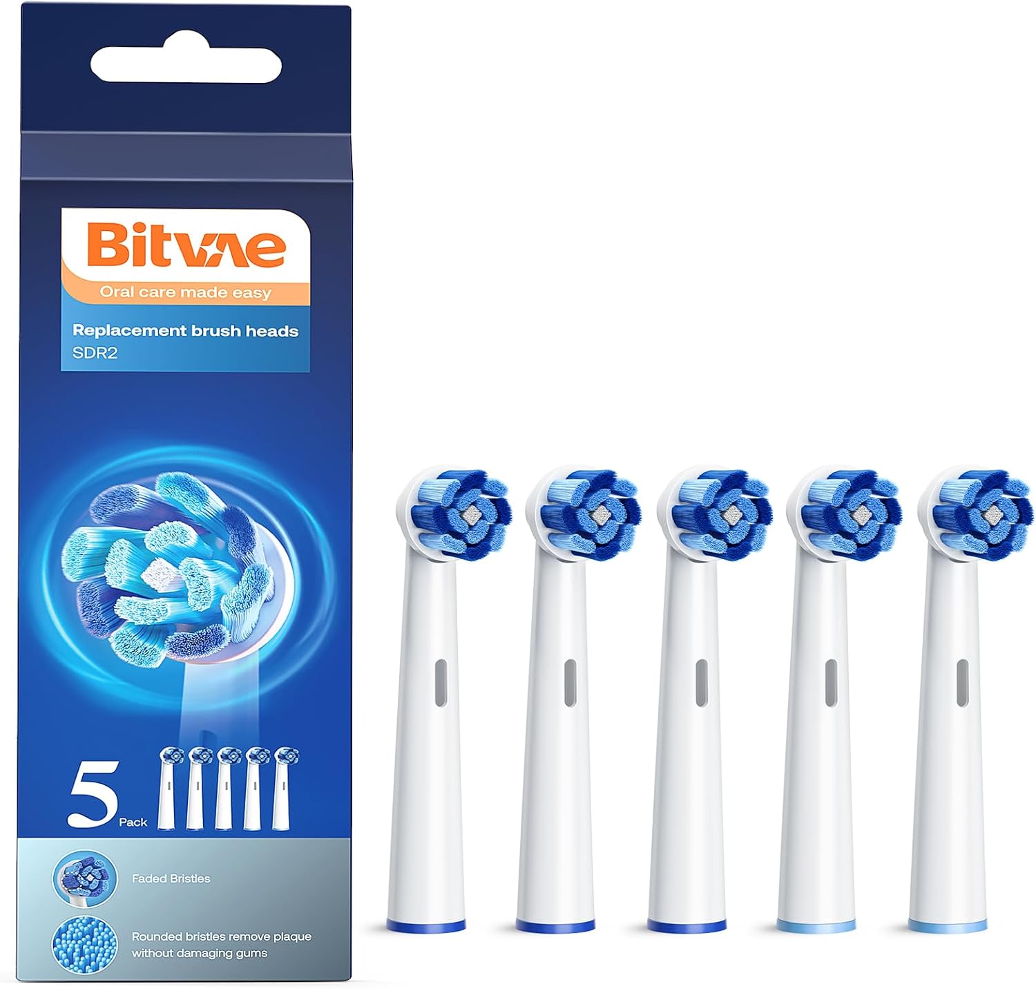 Bitvae Toothbrush Heads, R1 & R2 Round Toothbrush Replacement Heads Refill | Compatible with All Oral-B Braun Handles (Except iO and Sonic) | Pro 500/1000/1500/3000/5000/7000/7500/8000/R2/R1, 5 Count