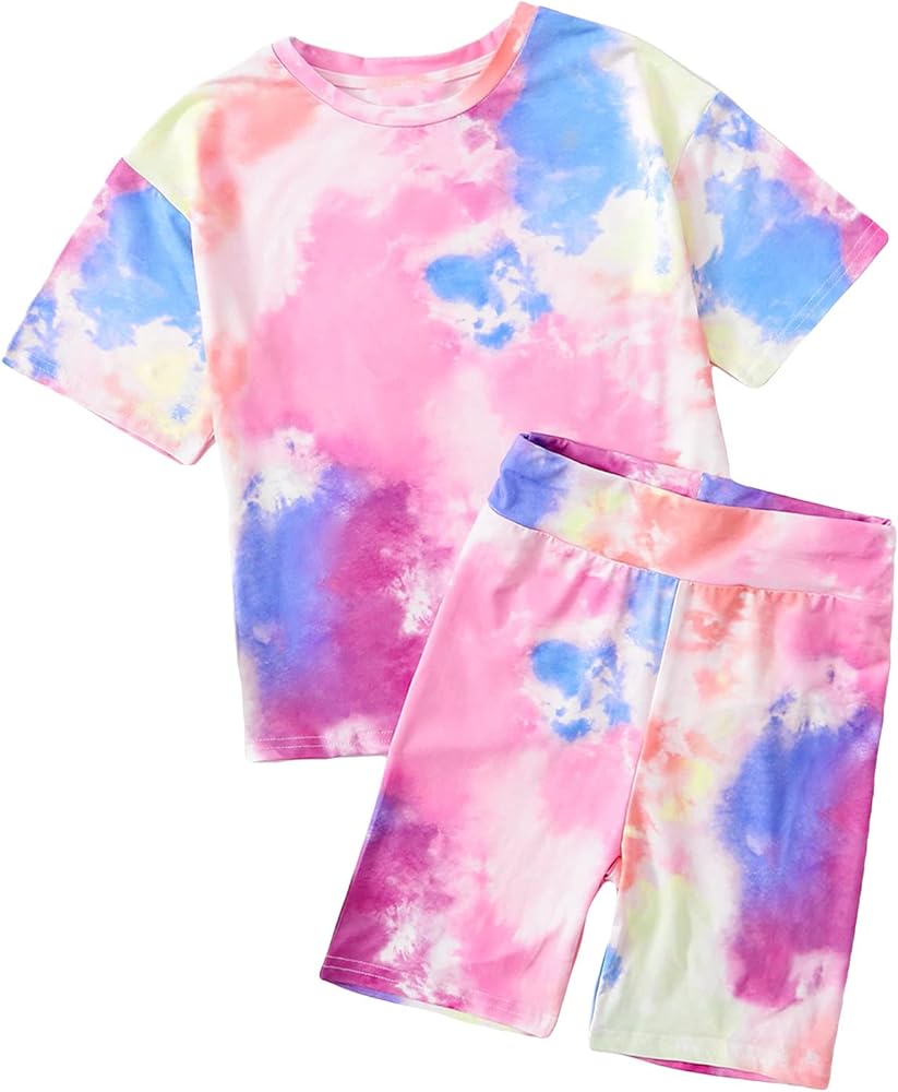 SOLY HUX Girl's Tie Dye Short Sleeve Round Neck T Shirt and Biker Shorts 2 Piece Summer Outfit