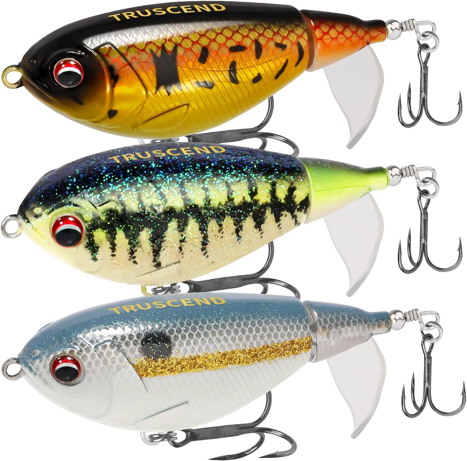 TRUSCEND Top Water Fishing Lures with BKK Hooks, Multifunction Plopper Fishing Lures for Bass Catfish Pike Perch, Topwater Bass Bait Lure with Propeller Tail, Pencil Floating Lure