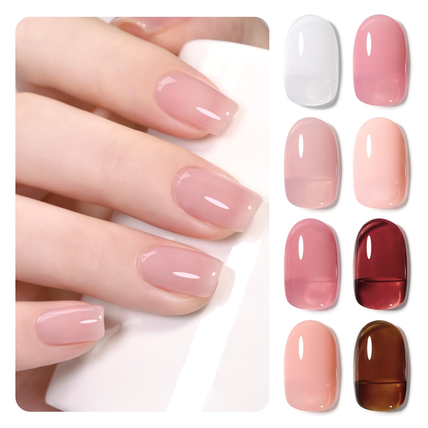 GAOY Jelly Gel Nail Polish Set, 8 Translucent Nude White Pink Brown Neutral Sheer Colors Kit for Salon and Nail Art DIY at Home, Dreamy Rose