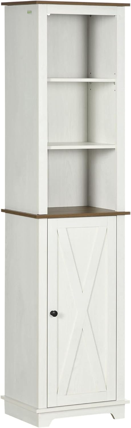 kleankin Slim Bathroom Storage Cabinet with Triple Open Shelves & Cupboard, Wooden Freestanding Linen Tower Tall Skinny Bathroom Storage Cabinet with Door and Shelf Adjustability, White