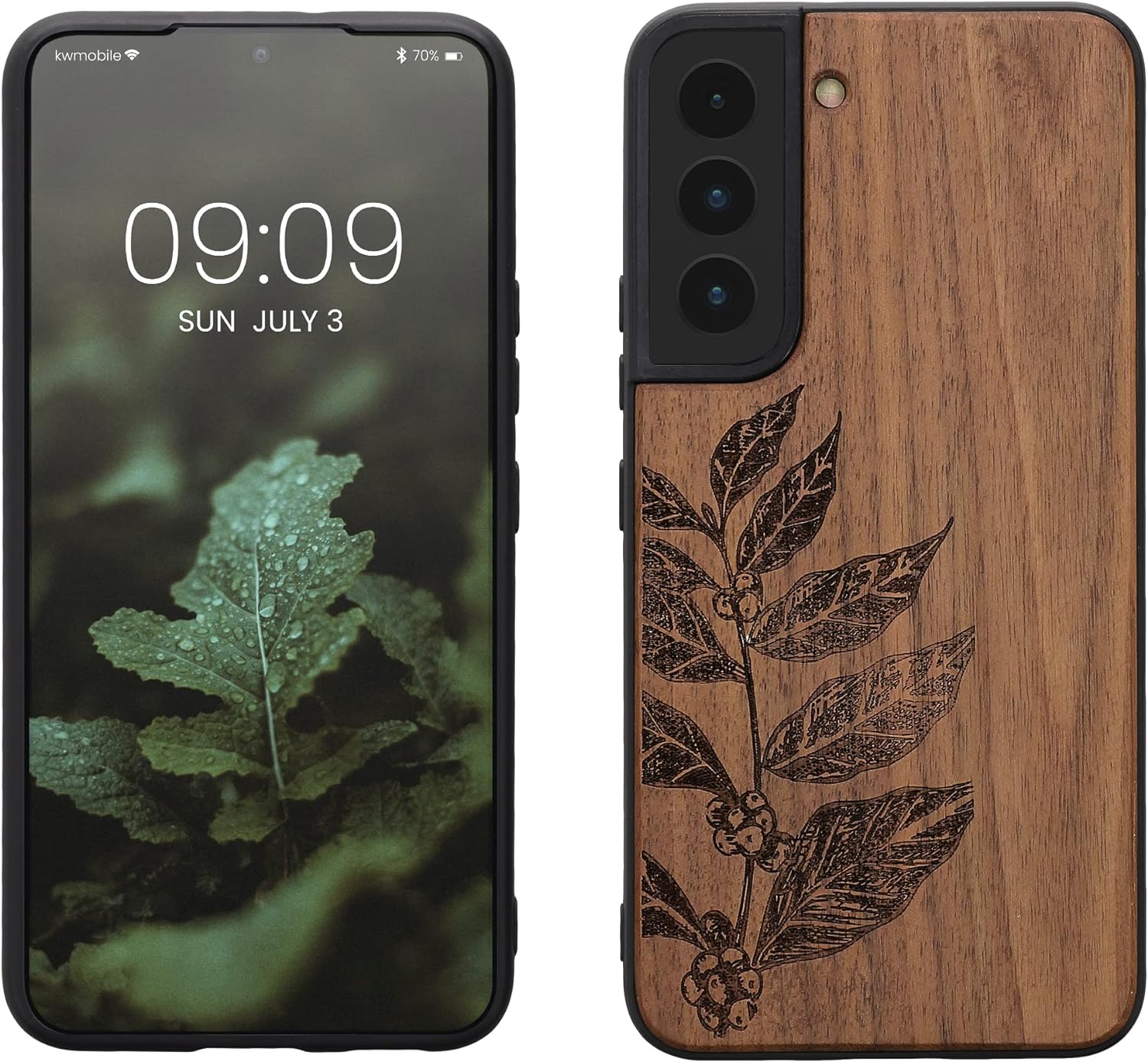 kwmobile Wood Case Compatible with Samsung Galaxy S22 Case - Cover - Leaves and Berries Dark Brown