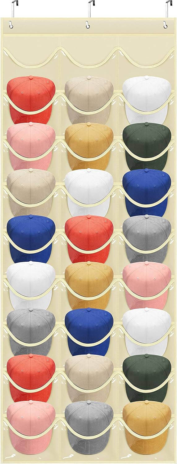 Hat Rack 27 Pockets - Hat Organizer For Baseball Cap - Hat Racks For Baseball Caps Hat Holder Hanging Over The Door Closet, Hat Storage With Large Clear Pockets & 3 Hooks For Baseball Cap& Cowboy Hat