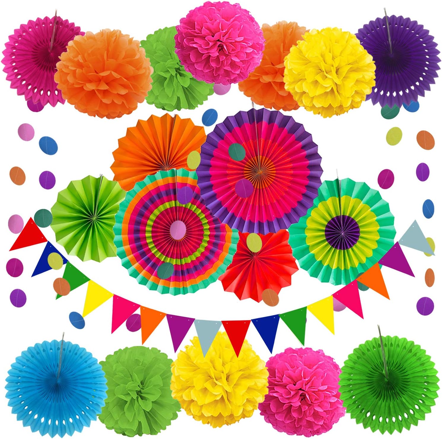 ZERODECO Party Decoration, 21 Pcs Multi-color Hanging Paper Fans, Pom Poms Flowers, Garlands String Polka Dot and Triangle Bunting Flags for Birthday Parties, Wedding Dcor, Fiesta or Mexican Party