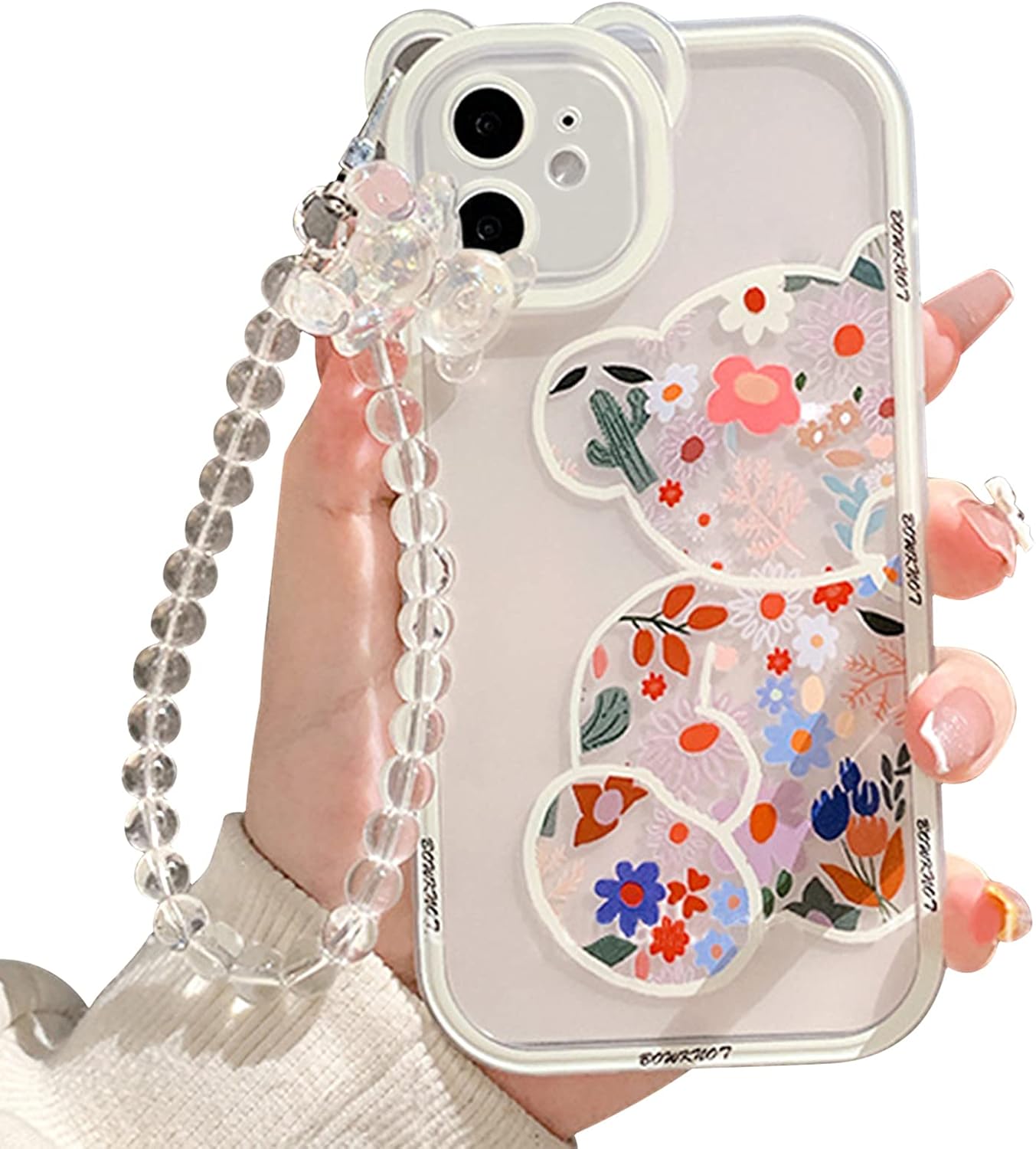 NITITOP Compatible for iPhone 12 Case Clear Cute Flower Floral with Lovely Bracelet Chain for Girls Women Pattern with Bear Ears Soft TPU Girly-Bear