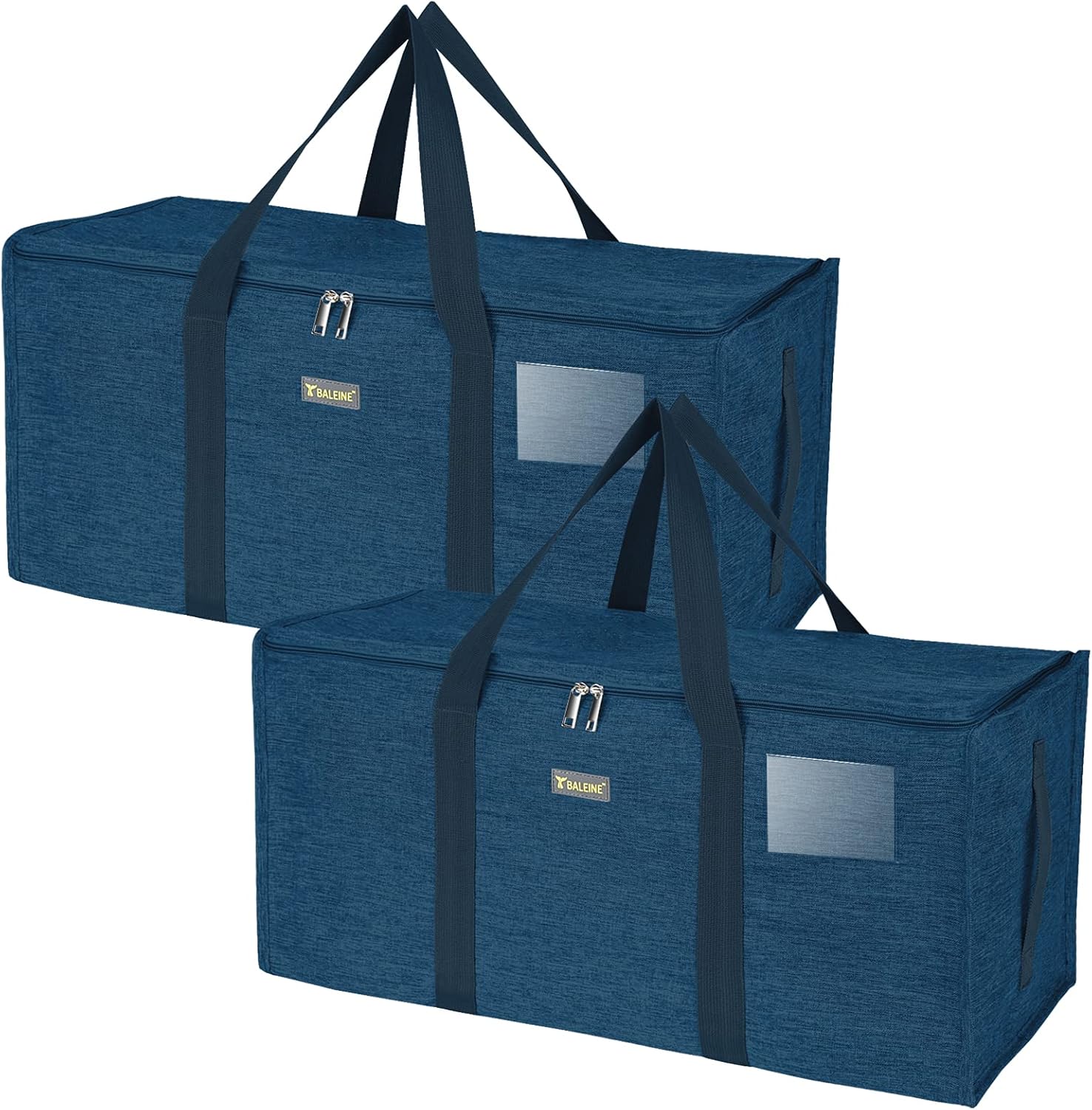 BALEINE Extra Large Storage Tote with Zippers & Carrying Handles, Heavy-Duty Oxford Fabric Moving Bags for Laundry, Space Saving, Storage, 2-Pack, Denim Blue