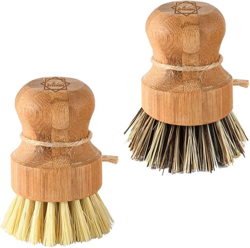 Dish Scrub Brush Bamboo - S&C Kitchen, Cleans Pan/Vegetable/Dishes/Wok, Bamboo Scrub Brush for Kitchen/Bathroom, Made Out of Palm & Sisal Bristles with a Handle, Vegetable Brush for Cleaning, Set of 2