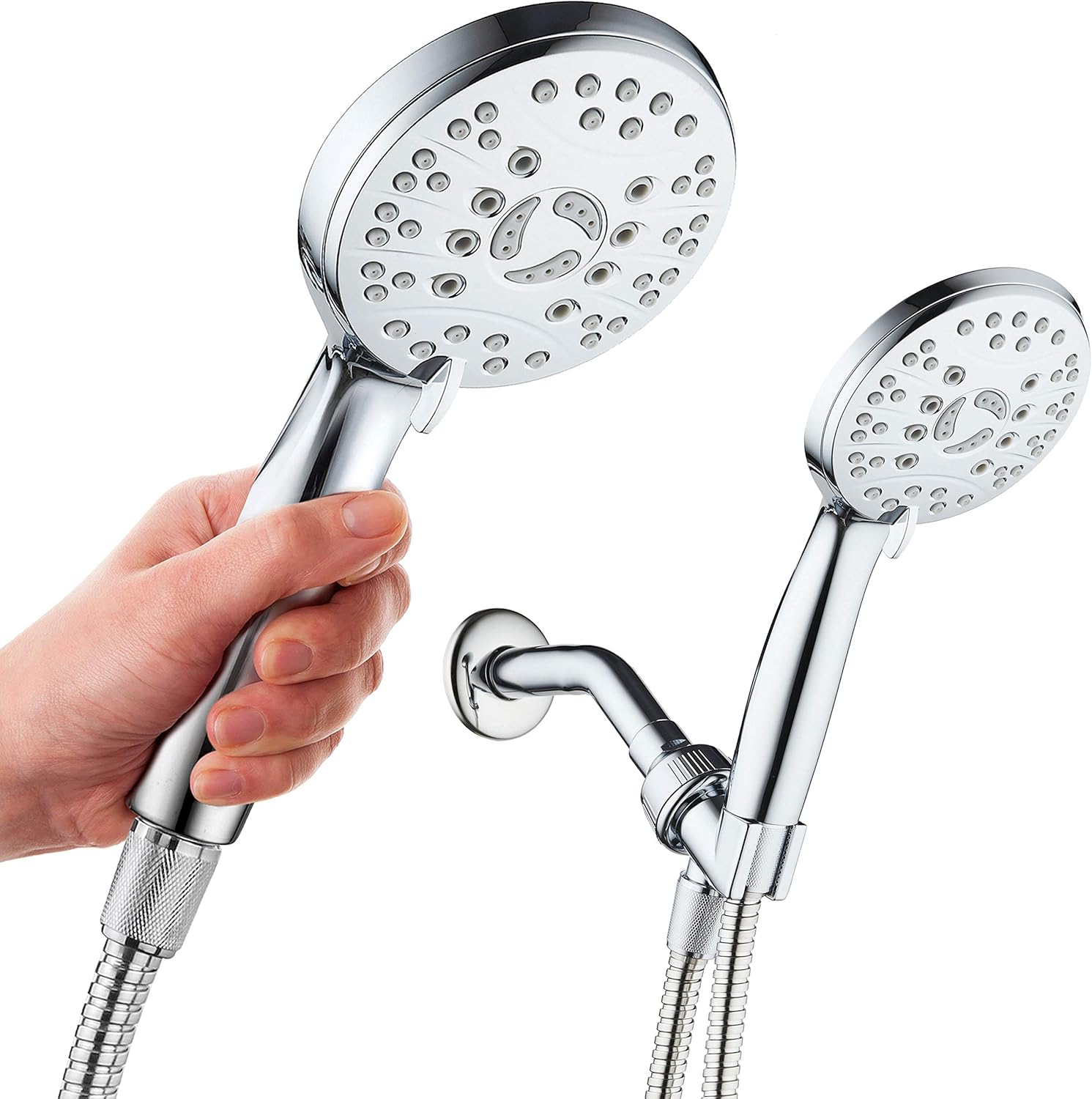 High Pressure 6-setting Luxury Handheld Shower Head  Extra Long 6 Foot Stainless Steel Hose  Extra Large Face  Anti Clog Jets  Brass Connection Nuts  All Chrome Finish  Top US Brand