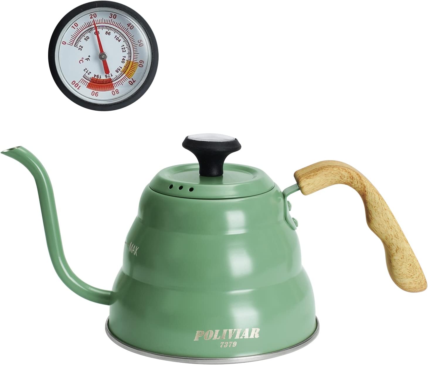 POLIVIAR Pour Over Coffee Kettle, 32oz Built-in Thermometer for Tea and Coffee, Gooseneck Kettle Spout Pots with Exact Temperature, Food Grade Stainless Steel(JX2020-CKN)