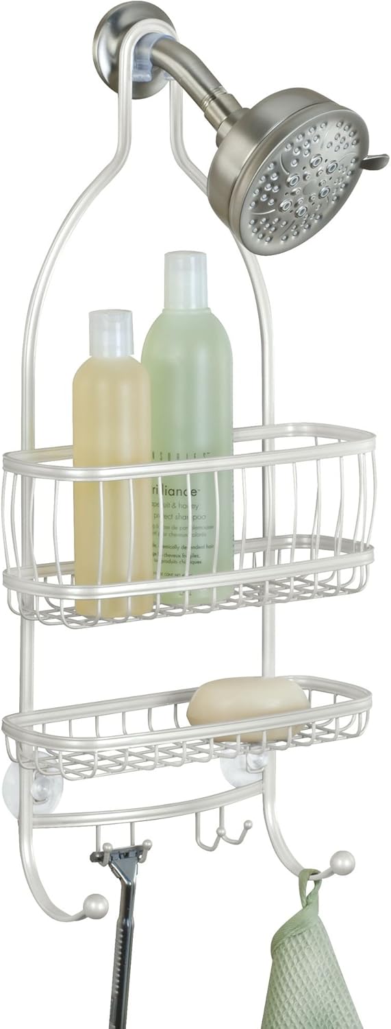 iDesign - 61974 York Metal Wire Hanging Shower Caddy, Extra Wide Space for Shampoo, Conditioner, and Soap with Hooks for Razors, Towels, and More, 10 x 4 x 22, Pearl White