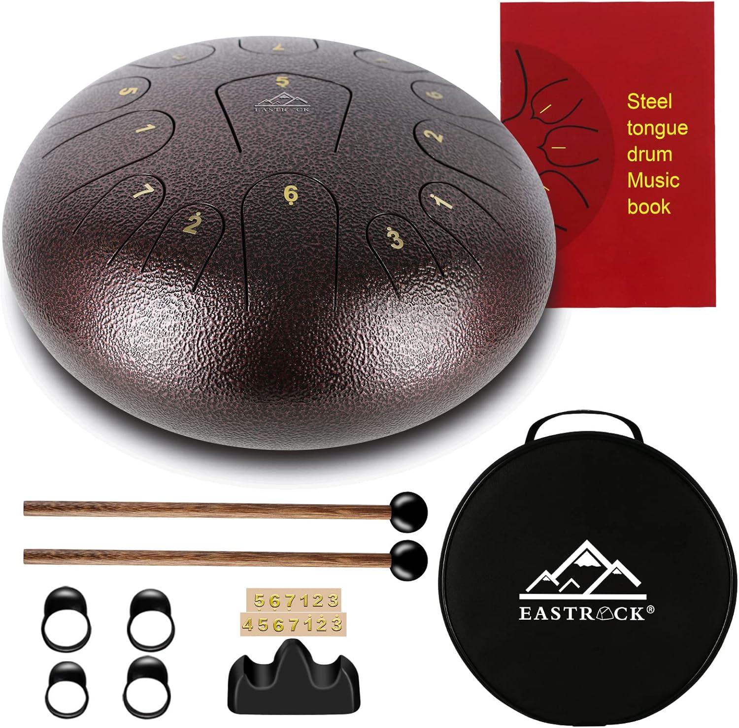 EASTROCK Steel Tongue Drum 13 Note 12 Inch Percussion Instrument Handpan Drum C Key for Meditation Entertainment Concert Yoga with Travel Bag, Mallets, Music Book (Brown)