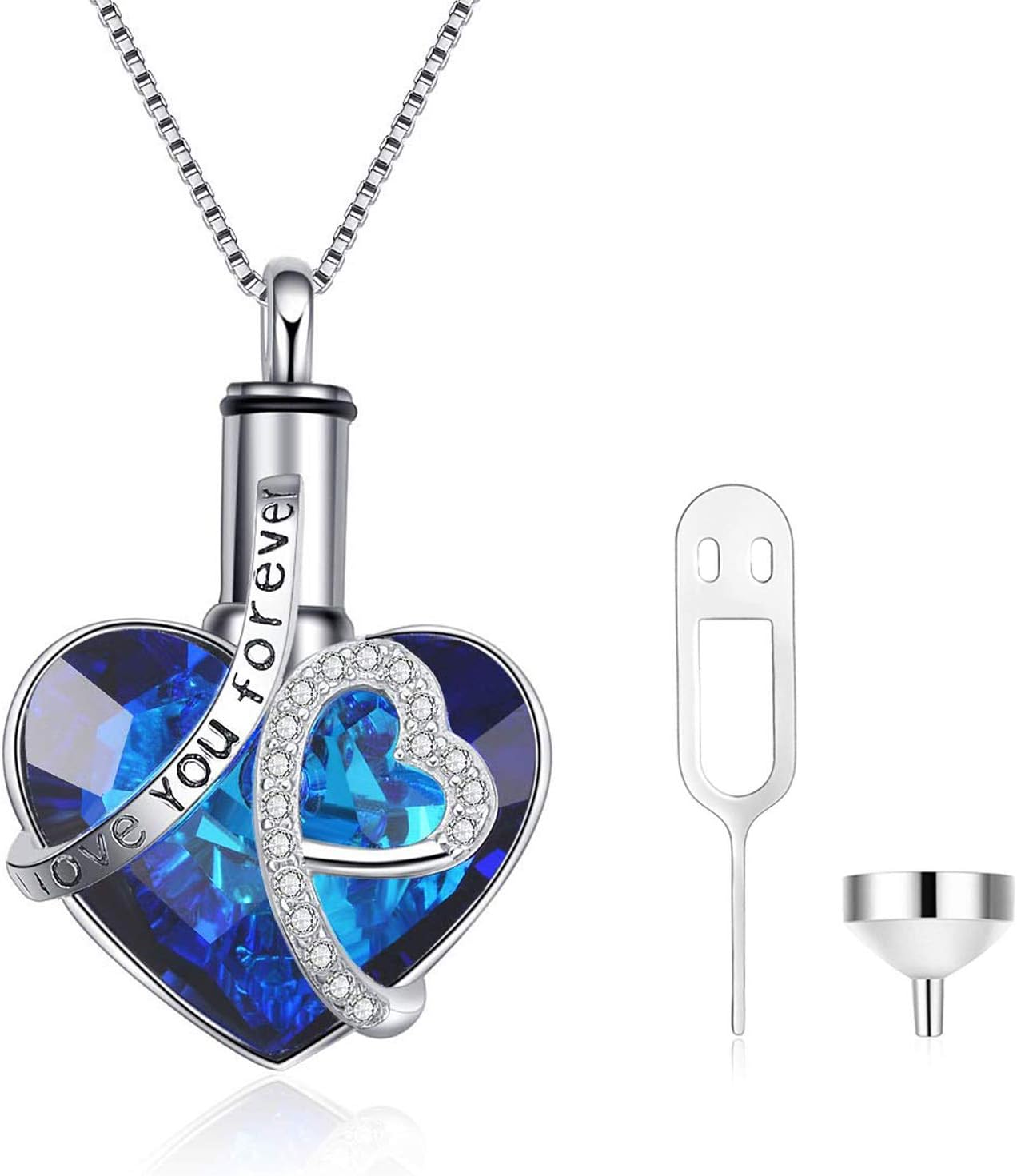 AOBOCO Heart URN Necklace S925 Sterling Silver Cremation Necklace for Ashes Embellished with Crystals from Austria, Fine Keepsake Memorial Jewelry for Ashes (Package including a Necklace/Pin/Funnel)