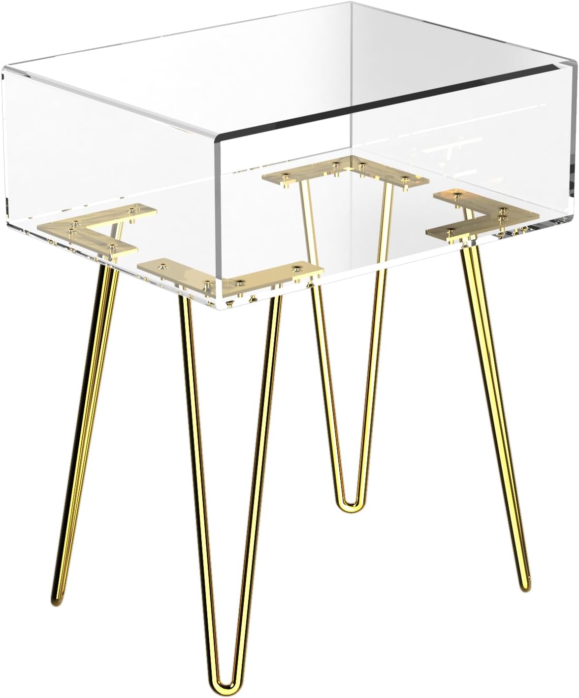 HMYHUM Small Acrylic Nightstand with Metal Legs, 15.6'' L x 11.6'' W x 19.5'' H, Bedside Table for Small Spaces for Bedroom, Easy Assembly, Modern, Clear & Gold