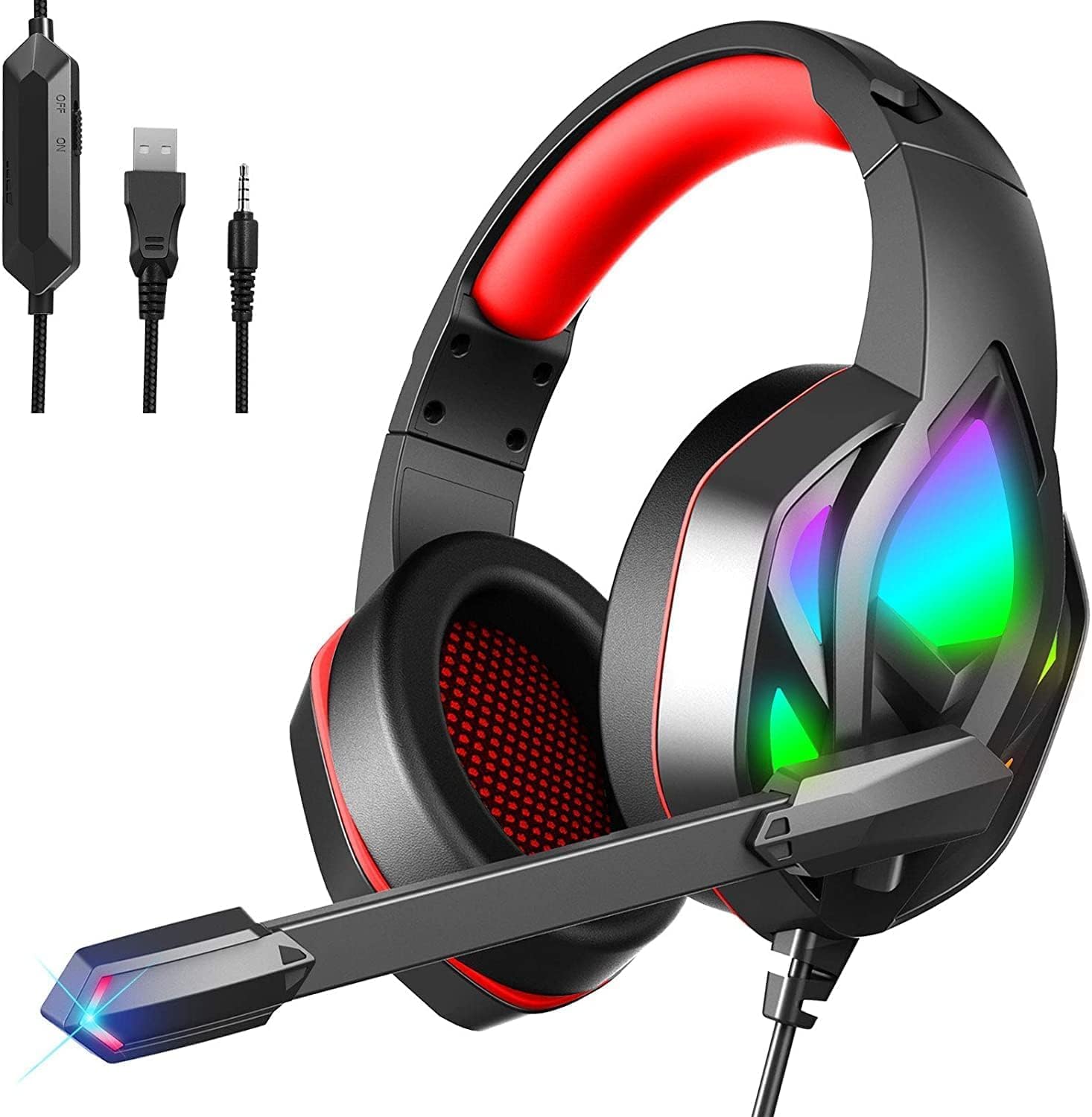 Donerton Gaming Headset, Over-Ear Gaming Headphones with Noise Canceling Mic, Stereo Bass Surround Sound, LED Light, Soft Memory Earmuffs PS4 Gaming Headset Compatible with PC, Laptop,Tablet,2023