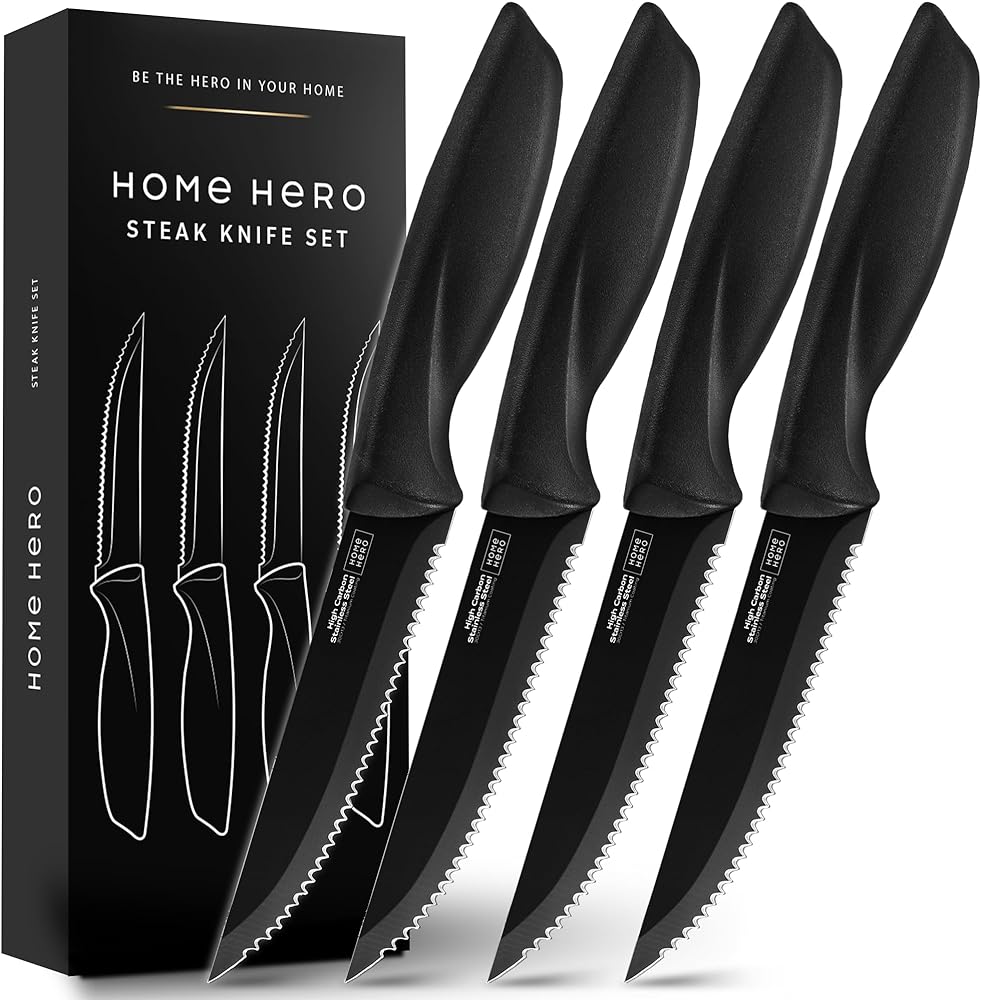 Home Hero 4 Pcs Steak Knives, Razor-Sharp Steak Knives Set of 4, High-Carbon Stainless Steel Steak Knife Set, Ergonomic Handles Serrated Steak Knives for Precise Cutting (4 Pcs - Black)