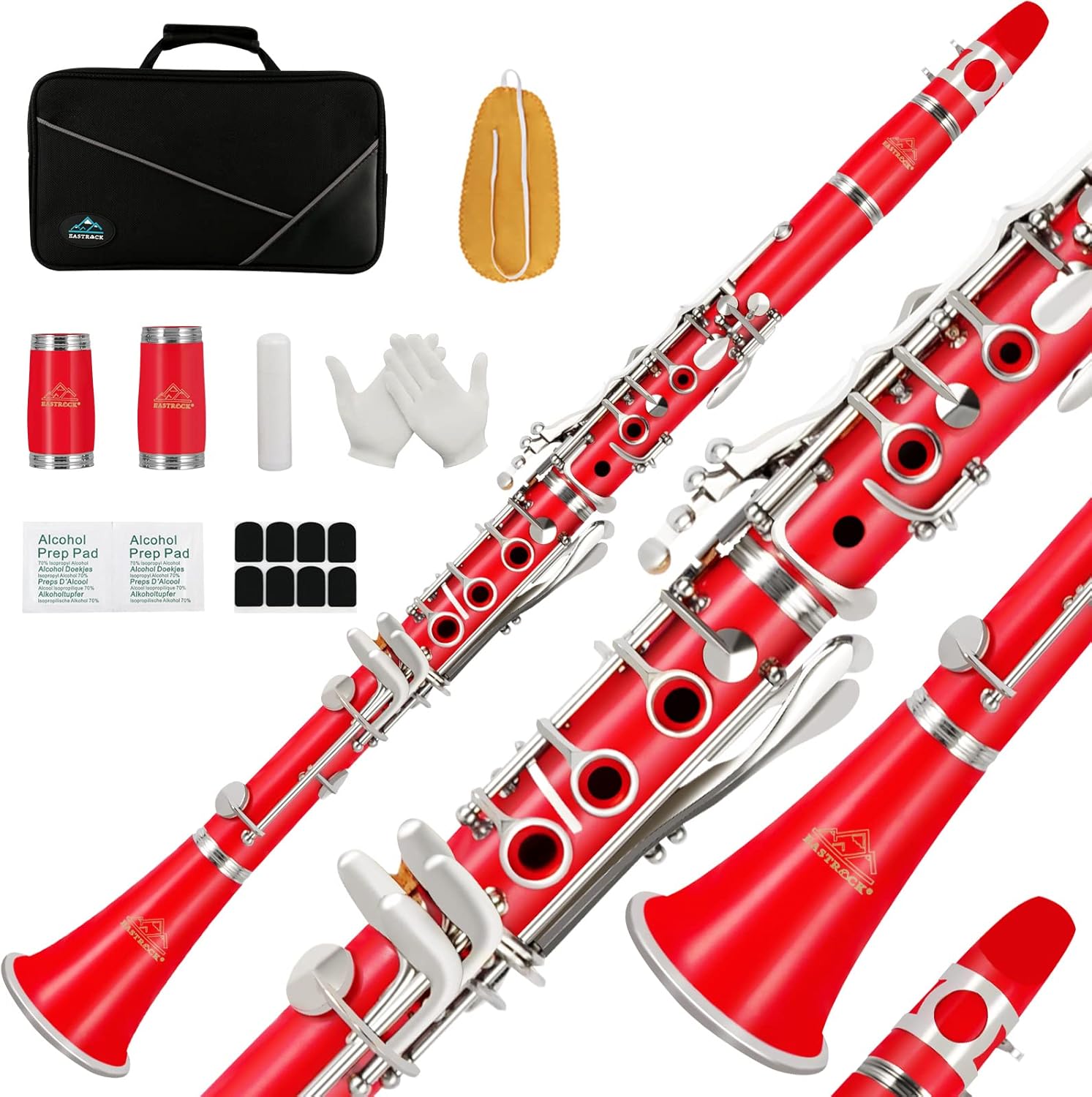 EASTROCK Clarinet Bb Flat 17 Nickel Keys Red Student Clarinet for Beginner with 2 Barrels Hard Case and Clarinet Cleaning Kit.