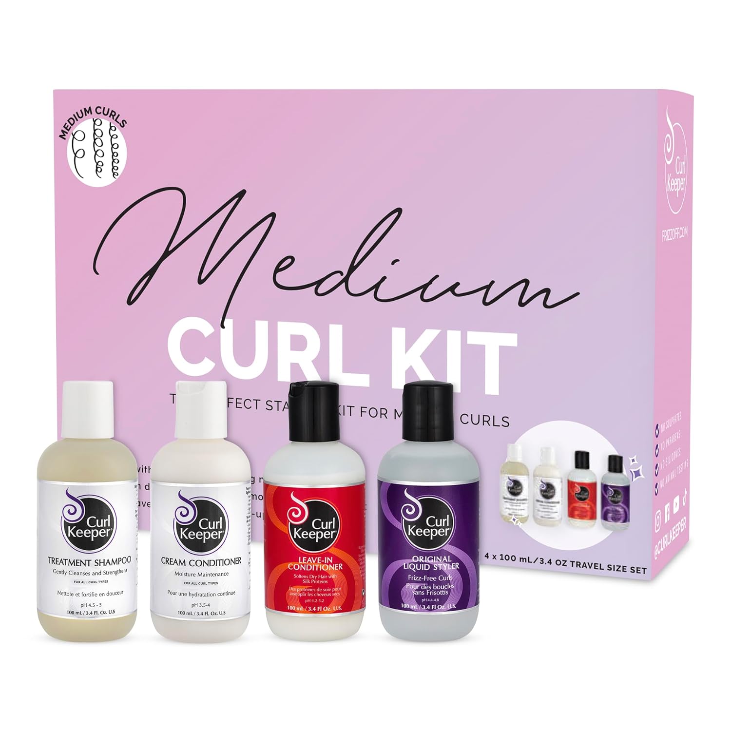 Curl Keeper Medium Curl Starter Kit for Curly Hair - Travel Size Set Includes Original Liquid Styler, Treatment Shampoo, Cream Conditioner & Leave-In Conditioner - Maximum Definition Shine & Moisture