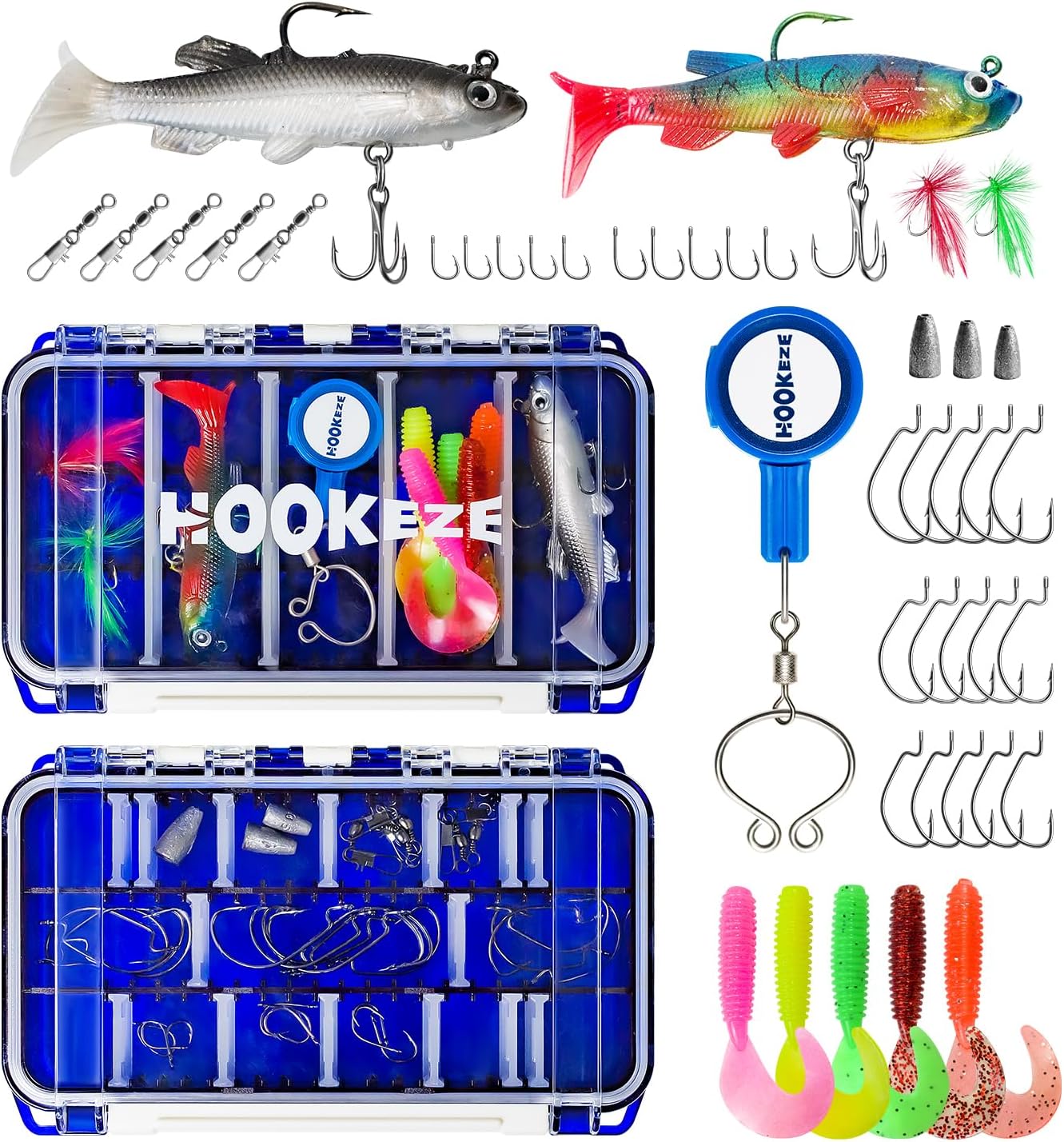 HOOK-EZE Fishing Accessories Kit, Waterproof Double-Side Tackle Box with Tackle Included, Fishing Knot Tying Tool, Lures, Hooks, Snap Swivels, Weight Sinkers, Fishing Gear and Equipment for Bass Trout