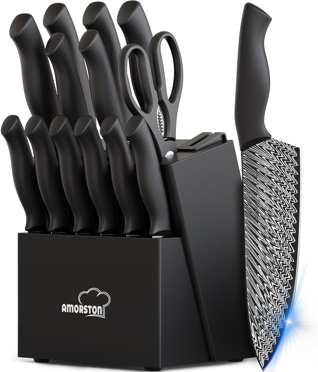 Knife Set, 15 Pieces Kitchen Knife Set with Built in Knife Sharpener Block